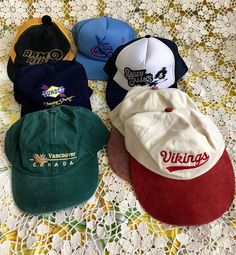 Vintage Trucker Hats, Dad Hats - Mesh Backs - Snapback Hats - Vancouver, Canada, Sunoco, Ram Air, Sassy Sally's, Father's Day Gift  Seven hats to choose from (Feel free to reach out for more photos as I am only able to upload 10 here) : 1. 90's Vancouver Canada dad hat. Green with embroidered gold maple leaf and spell-out.  100% cotton. Metal clasp closure with moose etched into it. Mint condition. 2. 90's Vikings colourblcok cream coloured with a red suede beak. Embroidered spell-out front, vik Vintage Trucker Hat For Summer, Vintage Brimmed Baseball Cap For Summer, Vintage Costume Hats With Flat Brim, Vintage Bucket Hat One Size Fits Most, Vintage Costume Cap One Size Fits Most, 90s Summer Cap, 90s Style Summer Cap, Vintage Summer Trucker Hat With Brim, Vintage Summer Baseball Cap