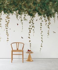 a chair sitting in front of a wall covered with vines