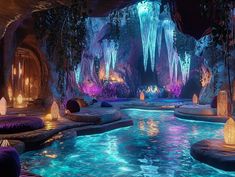 an indoor swimming pool is lit up with purple and blue lights in the cave like setting