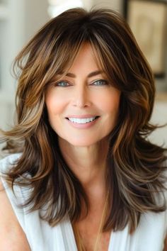 Medium Length Hair With Feathered Layers, 70s Feathered Hair Bangs, Curtain Bangs On Shoulder Length Hair, Shoulder Length Layered Hair With Curtain Bangs, Layered Haircuts For Long Hair With Bangs, Shoulder Length Hair With Bangs And Layers, Long Layered Hair With Bangs Over 40, Medium Length Hair With Bangs Over 40, Curtain Bangs Highlights