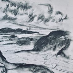 a drawing of a landscape with mountains and clouds in the background, as seen from above