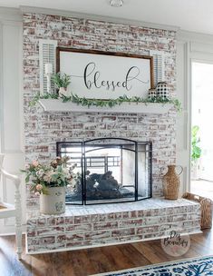 a brick fireplace with a sign above it