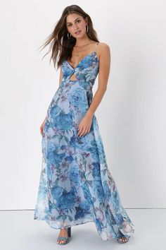 You're sure to be a spellbinding sight to see in the Lulus Enchanting Entrance Blue Floral Organza Keyhole Maxi Dress! A gauzy, floral print woven organza overlay (atop a slate blue knit liner) shapes this elegant dress that falls from adjustable spaghetti straps into a deep V-neckline and princess-seamed bodice with a keyhole cutout. Fitted, set-in waist sits atop a cascading A-line skirt that ends at a maxi hem. Hidden back zipper/clasp. Organza Overlay, Dress Organza, Lulu Fashion, Floral Blue Dress, Wedding Bridesmaid Dresses, Slate Blue, Floral Maxi, Wedding Bridesmaids, Elegant Dress