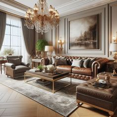 a living room filled with furniture and a chandelier