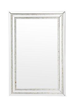 a white framed mirror with silver trimmings on the edges and an ornate frame