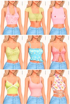 six different types of women's crop tops in various colors and sizes, with the same