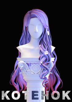 a white mannequin with long purple hair on it's head and the words kotelok above it