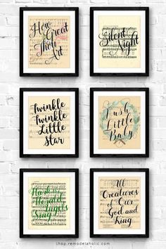 four framed art prints with the words little things in different colors and font on them