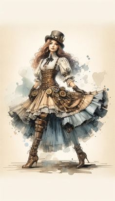 a watercolor painting of a woman in a dress and hat with boots on her feet