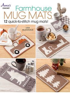 crocheted mug mats with pictures of farm animals on them and the words farmhouse mug mats written in different languages