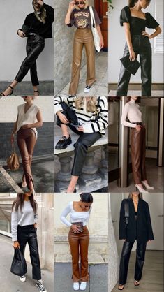 How to wear faux leather trousers #trousers #pants #fauxleatherleggings #leather #outfits #outfitideas #outfitstyle #outfitgrid #outfitideasforwomen #fashion #fashionable #fashionstyle #fashiontrend #ootdfashion #styleideas Coated Pants Outfit, Straight Leg Leather Trousers Outfit, Tan Faux Leather Pants Outfit, Leather Slacks Outfit, Faux Leather Pants Outfit Fall, Leather Trousers Outfit Winter, Cognac Leather Pants Outfit, Faux Leather Pants Outfit Winter, Faux Leather Trousers Outfit