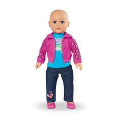 a baby doll with blue eyes and pink jacket on it's head, standing in front of a white background