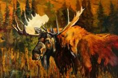 an oil painting of a moose with large antlers