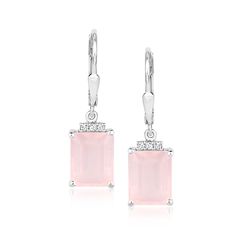 Ross-Simons - 5.75ct t. w. Rose Quartz Drop Earrings, .10ct t. w. White Topaz. Beaming with a pretty pale-pink hue, this pair of 5.75 ct. t. w. emerald-cut rose quartz drop earrings offer an easy-going air of elegance and femininity. Topped with trios of .10 ct. t. w. white topaz rounds for a little extra dazzle. Set in polished sterling silver. Hanging length is 1 1/8". Leverback, white topaz and rose quartz drop earrings. White Topaz, Pale Pink, Rose Quartz, Topaz, Fine Jewelry, Jewelry Earrings, Drop Earrings, Sterling Silver, 10 Things