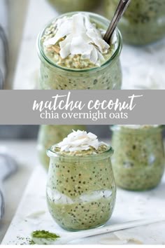 two jars filled with green smoothie and topped with whipped cream, chia seeds and coconut