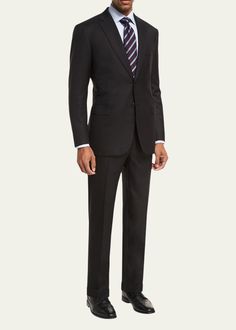 "Find BRIONI Essential Virgin Wool Two-piece Suit on Editorialist. Brioni \"Essential\" twopiece suit. Notch lapel; twobutton front. Lightly padded natural shoulder. Basted sleeves. Welt pocket at chest. Flap pockets at hips. Doublevented back. Includes matching flatfront trousers with straight leg. Unfinished hem to be tailored to desired length. Virgin wool; rayon lining; dry clean. Handmade in Italy." Classic Single Breasted Business Casual Pantsuit, Classic Single-breasted Business Casual Pantsuit, Classic Business Casual Pantsuit With Hidden Button Closure, Classic Pantsuit With Suit Collar For Business Casual, Classic Tailored Pantsuit For Business Casual, Professional Business Sets, Professional Flat Front Suits With Hidden Button Closure, Formal Blazer With Welt Pockets And Straight Hem, Professional Suits With Hidden Button Closure And Flat Front