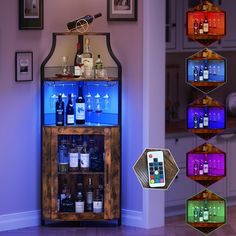 an illuminated liquor cabinet in the corner of a room