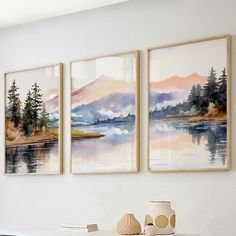 Set of 3 mountain prints is a great addition to the interior of an apartment, hotel, restaurant, office, etc. Modern abstract mountain landscape print set is a nice choice for living room, bedroom, dining room wall decoration, an ideal gift for your relatives and friends.  Please note that the product is printed to order, so I need 1-3 days to receive the print and send it to you. Due to the cancellation of air traffic between some countries there may be delays in shipments for an indefinite per Wall Art Behind Couch Ideas, Neutral Living Room Artwork, Watercolor Wall Art Living Room, Diy Nature Wall Art, 3 Paintings On Wall, Large Living Room Wall Decor Ideas, Apartment Living Room Wall Decor, Living Room Art Ideas, Large Wall Decor Ideas