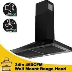 an image of a black range hood with the words 24in 450cm wall mount range hood