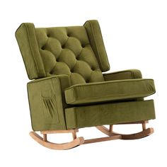 a green rocking chair with buttons on the back and seat upholstered to it