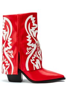 The Esperanza Western Bootie In Red is made from a vegan leather upper and features a mid-calf height design, Western boot patterned detailing, a fold over shaft with split hems, a square pointed toe, a chunky heel, and a pull-on silhouette. Boots Patterns, Azalea Wang, Faux Leather Boots, Western Booties, Western Boots Women, Western Boot, Shoe Size Conversion, Pink Shoes, Mid Calf Boots