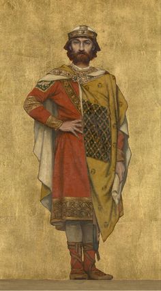 an old painting of a man with a beard wearing a red and gold outfit, standing in front of a golden background