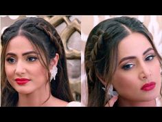 Front Braid Open Hairstyle, Sharara Hairstyles, Hairstyle On Sharara, Hina Khan Hairstyles, Front Dutch Braid, Ambada Hairstyle, Hairstyles Front Look, Hairstyle On Gown, Hina Khan Komolika