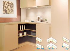 an image of a kitchen setting with different lighting options for the cabinet doors and shelves