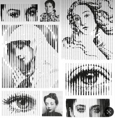 some black and white images with different faces on them, including one woman's face