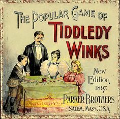 an advertisement for the popular game of toddy winks, featuring three children sitting at a table