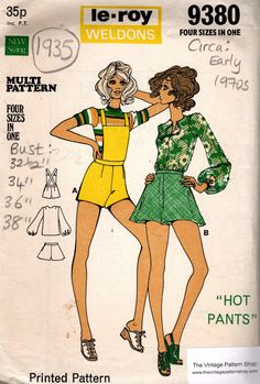 ~ Circa/Date:  Early 1970s ~ Details:   Two style variation HOT PANTS with BLOUSE ~ Size/Measurements (Inches): ~ Size: 10-12-14-16 ~ BUST: 32.4 - 34 - 36 - 38″ Inches ~ Waist: 24 - 25.5 - 27 - 29″ Inches ~ Hip: 34.5 - 36 - 38 - 40″ Inches ~ Please Note: ~ You are buying a 'Professional Reproduced' copy of this sewing pattern. Copied from the original sewing pattern. Produced in Full Scale Pattern Pieces ready to cut with full instructions included. Reproduced on high quality 50 gm paper with black ink, durable and easier for reuse. Printed by a Professional Printing Company.   ~ With this product comes an accompanying 'Booklet' and inside the Booklet it includes: ~ A 2-page Instructions and Illustrations on 'How to Adjust Your pattern to your Personal Measurement.' ~ Personal Measurement Pants With Blouse, Vintage Vogue Sewing Patterns, Sew In Weave, Scale Pattern, Vogue Sewing, Vogue Sewing Patterns, Pattern Pieces, Multi Pattern, Historical Facts