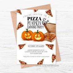 a pizza and pumpkin carving party is on the table