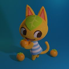 a cartoon cat is holding an orange in its right hand and wearing a striped shirt