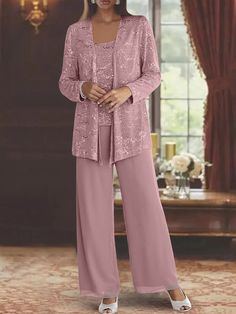 Chiffon Mother of the Bride Pantsuits with Jacket & Sequins - Mondressy