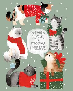 a christmas card with cats and presents