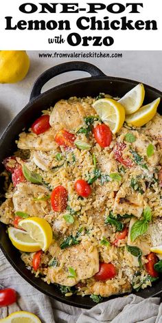 one pot lemon chicken with orzo in a cast iron skillet