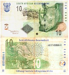 two south african bank notes with rhinos on the front and one in the back