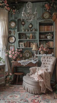 a chair and table in a room with many clocks on the wall