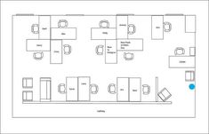 the floor plan for an office with several cubicles and desks on each side