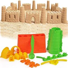 an assortment of toys including sand castle and shovels