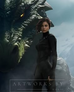 a woman standing in front of a dragon