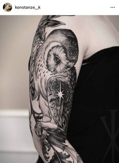 an owl with stars on it's arm is shown in this black and white photo