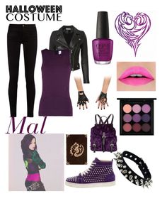 the costume is purple and black with accessories