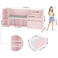 a girl is standing next to a pink shelf with shelves and shelving unit measurements