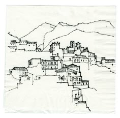 a black and white drawing of buildings on a hill side with mountains in the background