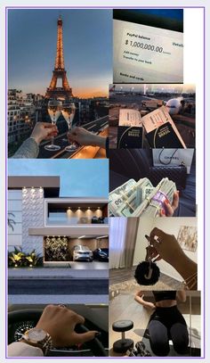 a collage of photos with the eiffel tower in the background and people holding cash