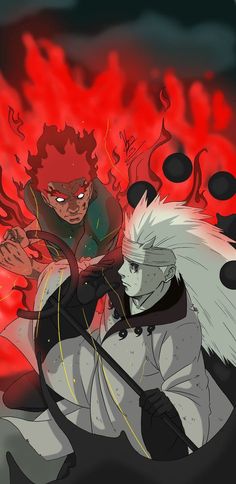 two anime characters in front of red flames