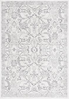 a gray and white rug with an intricate design