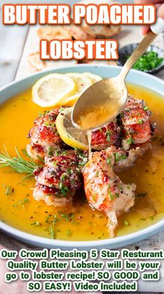 a plate with some food on it and a spoon in the bowl that says butter poached lobster