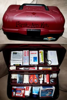 the first aid kit is open and ready to be packed for someone's trip